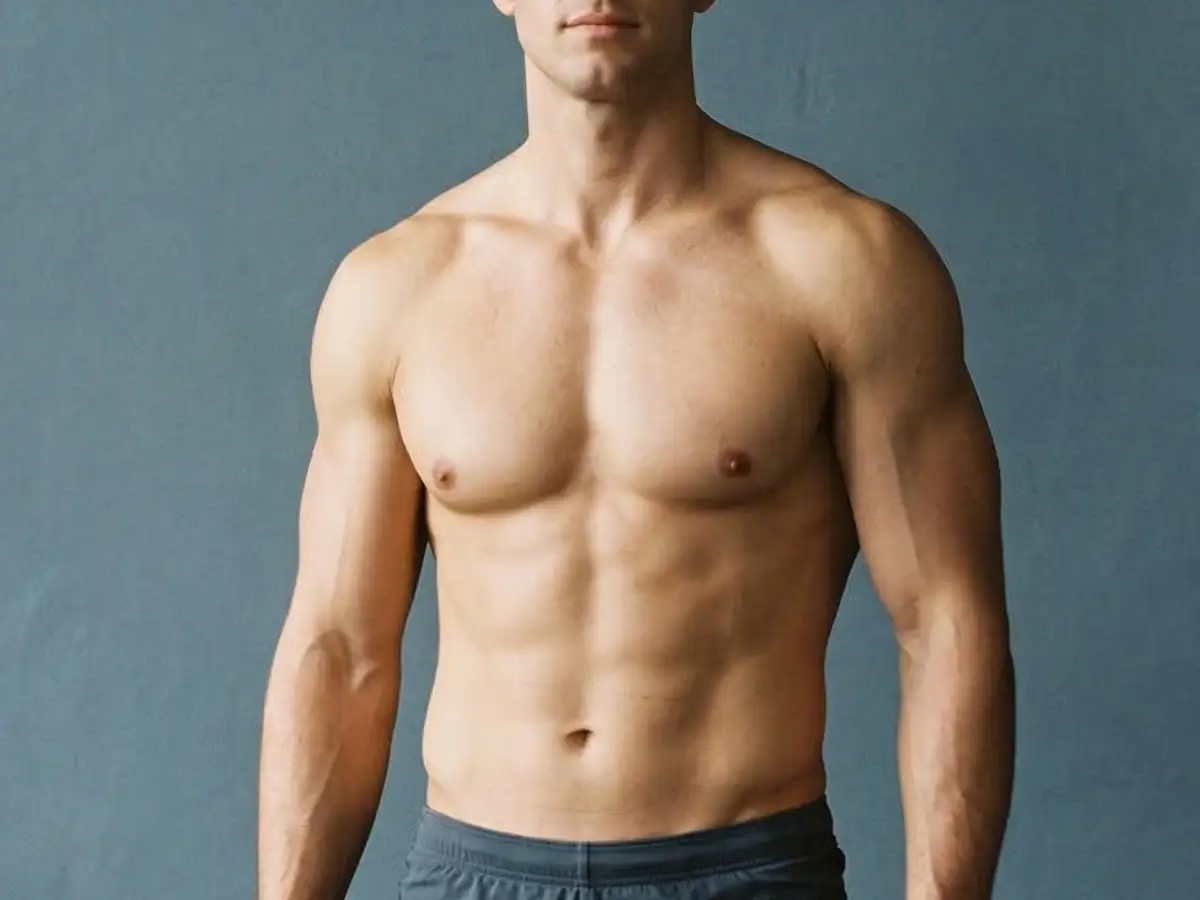 A shirtless, muscular man with defined abs stands before a blue-gray studio background, Miami, FL.