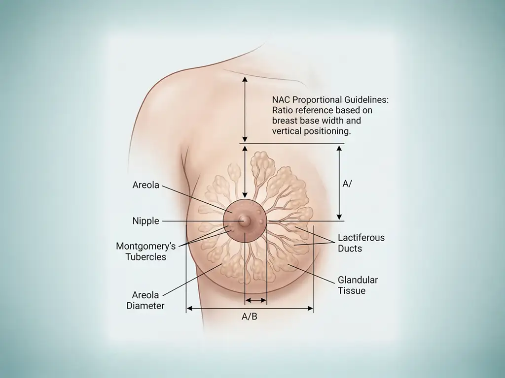 Medical illustration of the nipple-areola complex showing areola diameter, nipple, and NAC proportional guidelines.