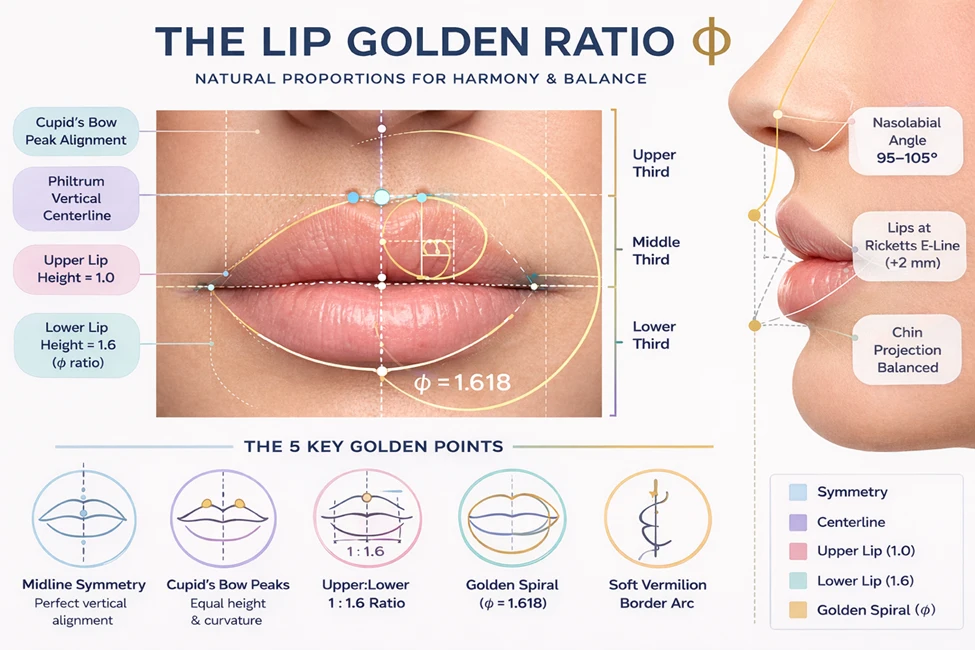Chart illustrating the 5 key golden points and natural lip proportions to guide cosmetic injection treatments.