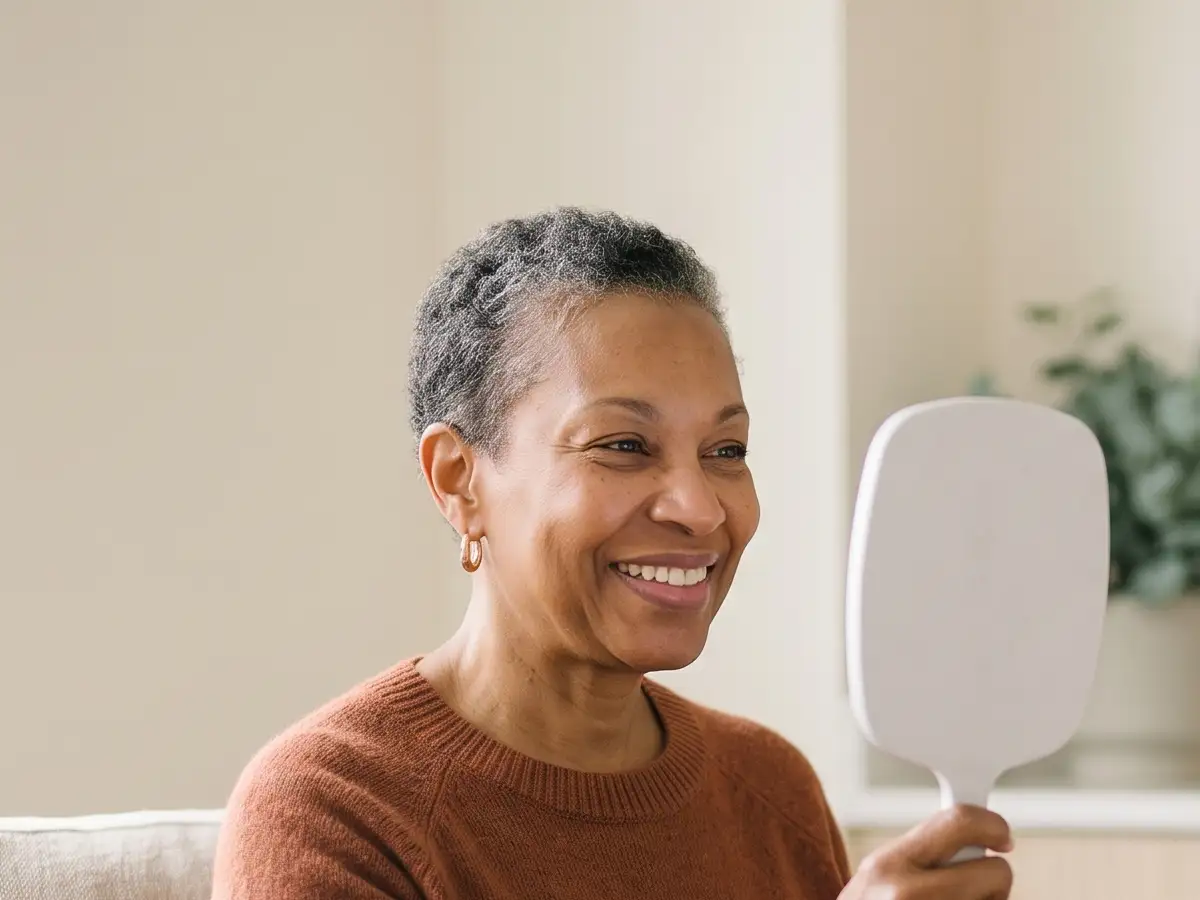 Smiling woman with clear facial skin admiring her reflection in a hand mirror after scarless Mohs reconstruction.