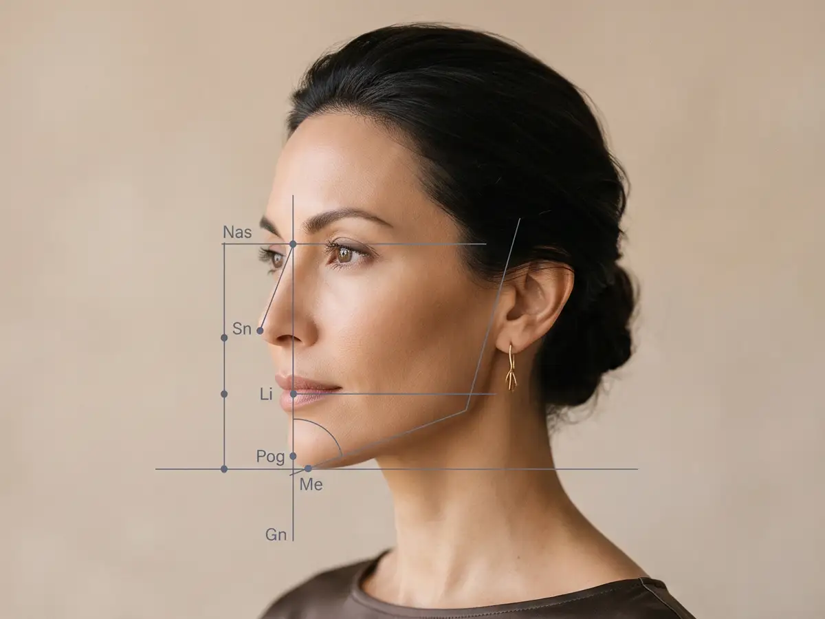 Facial profile analysis marking chin projection and facial harmony landmarks used to evaluate chin augmentation.