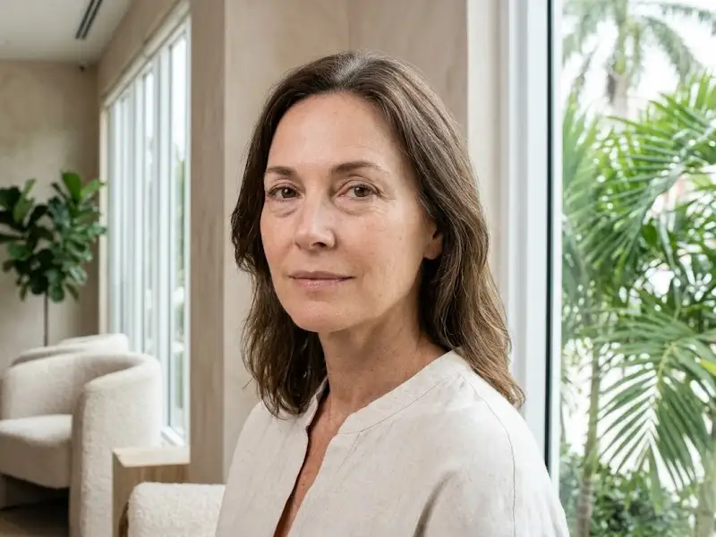 AI-generated image of a mature woman with natural under-eye bags in a modern medical aesthetics clinic.